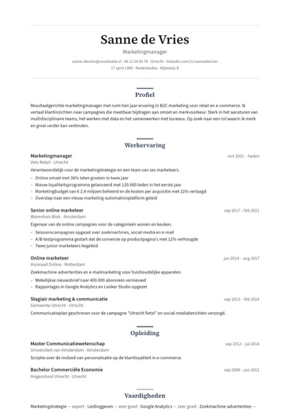 Voorbeeld van een cv gemaakt met CVmakenOnline.nl